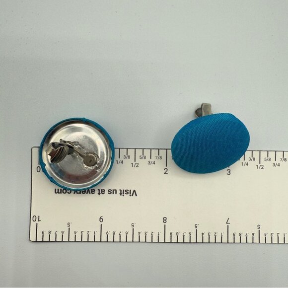 Teal Blue Fabric Button Clip On Earrings - Picture 2 of 5